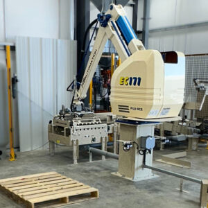 Perimeter guarding and light curtains zoning the two stacking stations of a dual cell robot palletizer